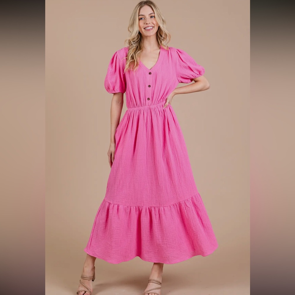 Boho Short Sleeve V Neck Tiered Maxi Dress with Pocket